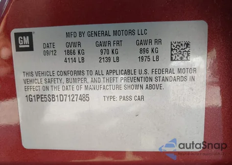 2013 Chevrolet Cruze 2Lt Auto из США, поврежденный, VIN 1G1PE5SB1D7127485